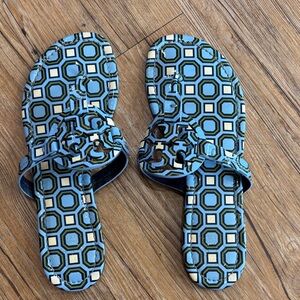 Tory Burch Blue Geometric Pattern Slide Sandals